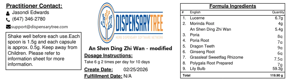 Printed label showing practitioner contact, dosage instructions and the full ingredient list with quantities and a 119.90 g total